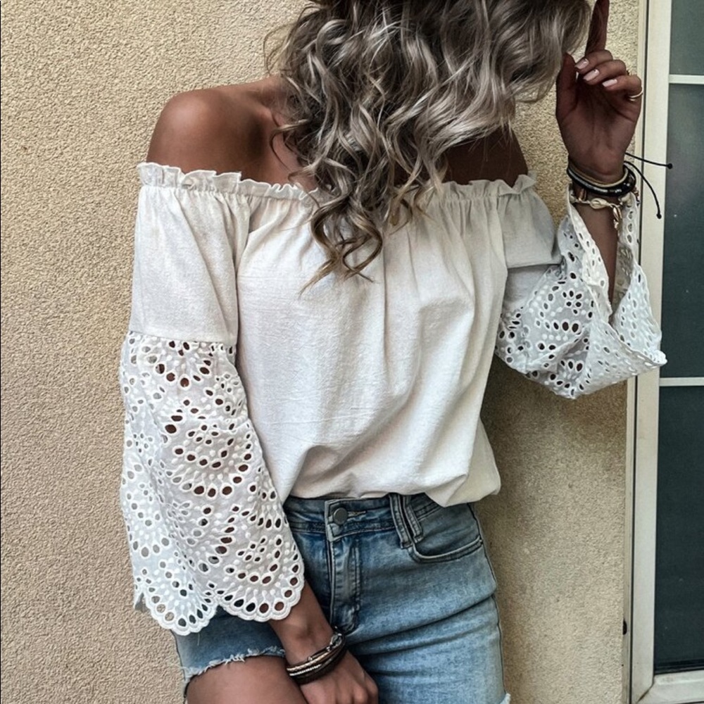 Boho Off Shoulder Eyelet Embroidery Frill Top Blouse White - Picture 4 of 15